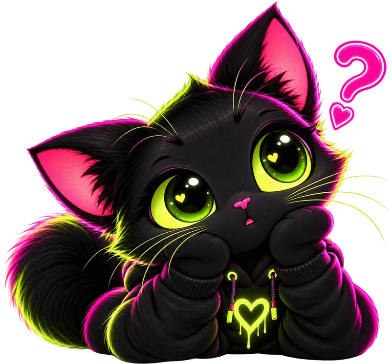 The BUOKO cat looking curious with a question mark