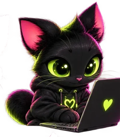 The BUOKO cat typing on a laptop